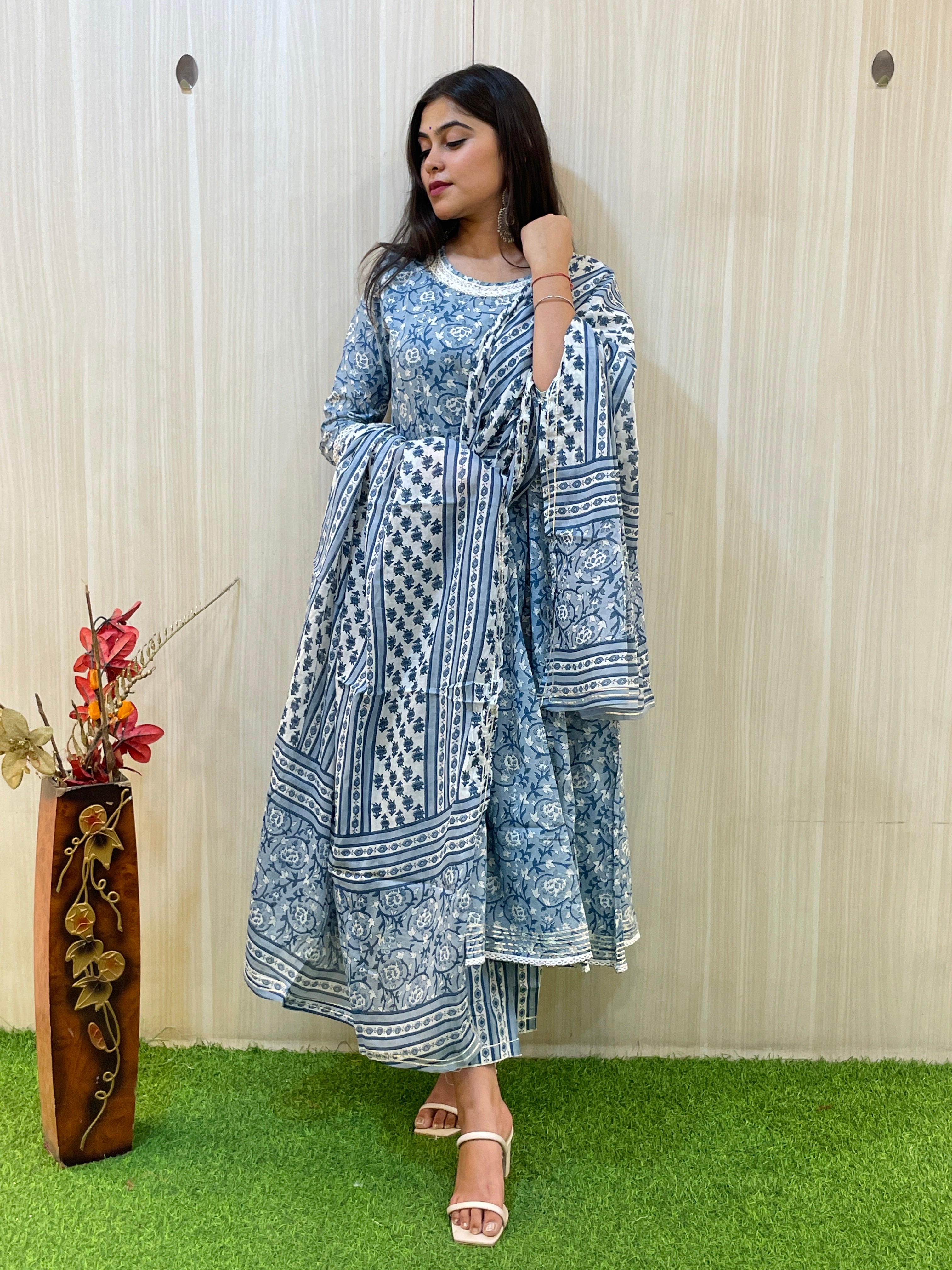 Blue and White Anarkali Kurta Set