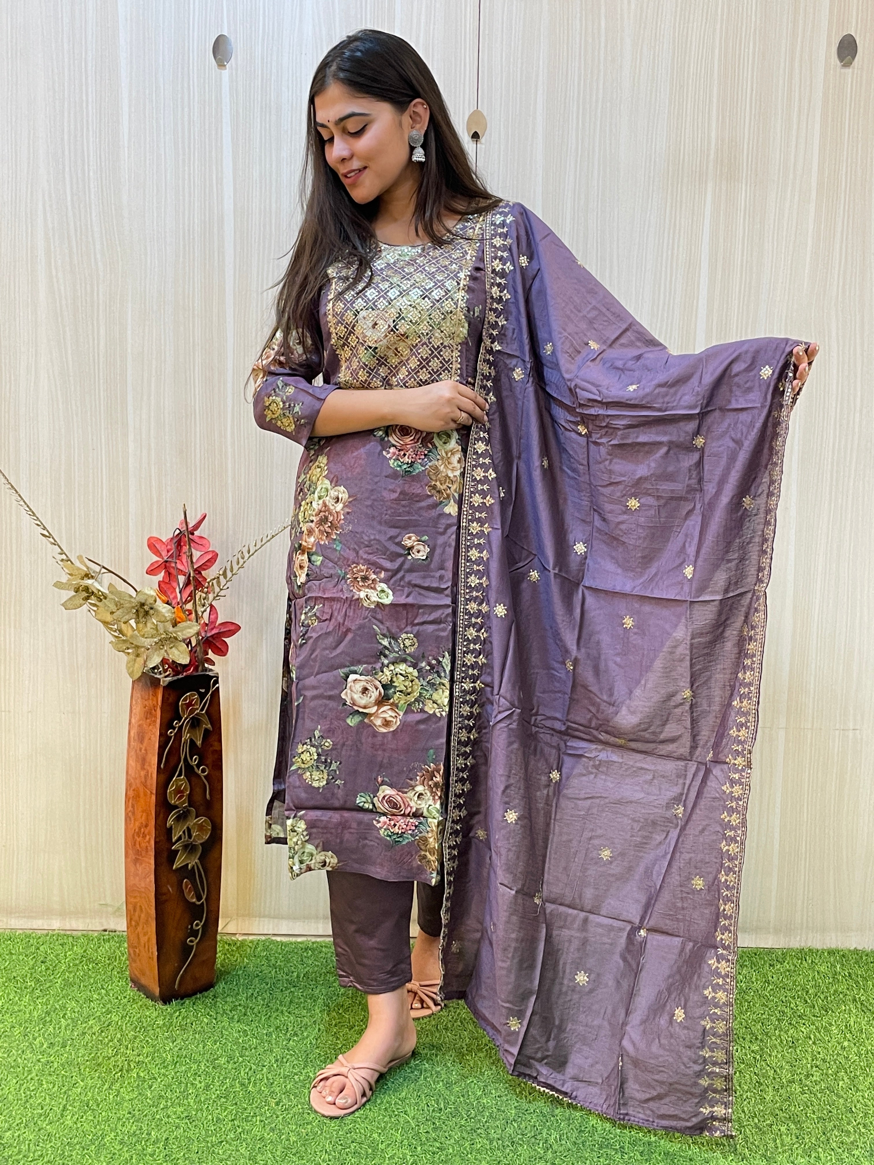 Purple Floral Printed Kurta Set