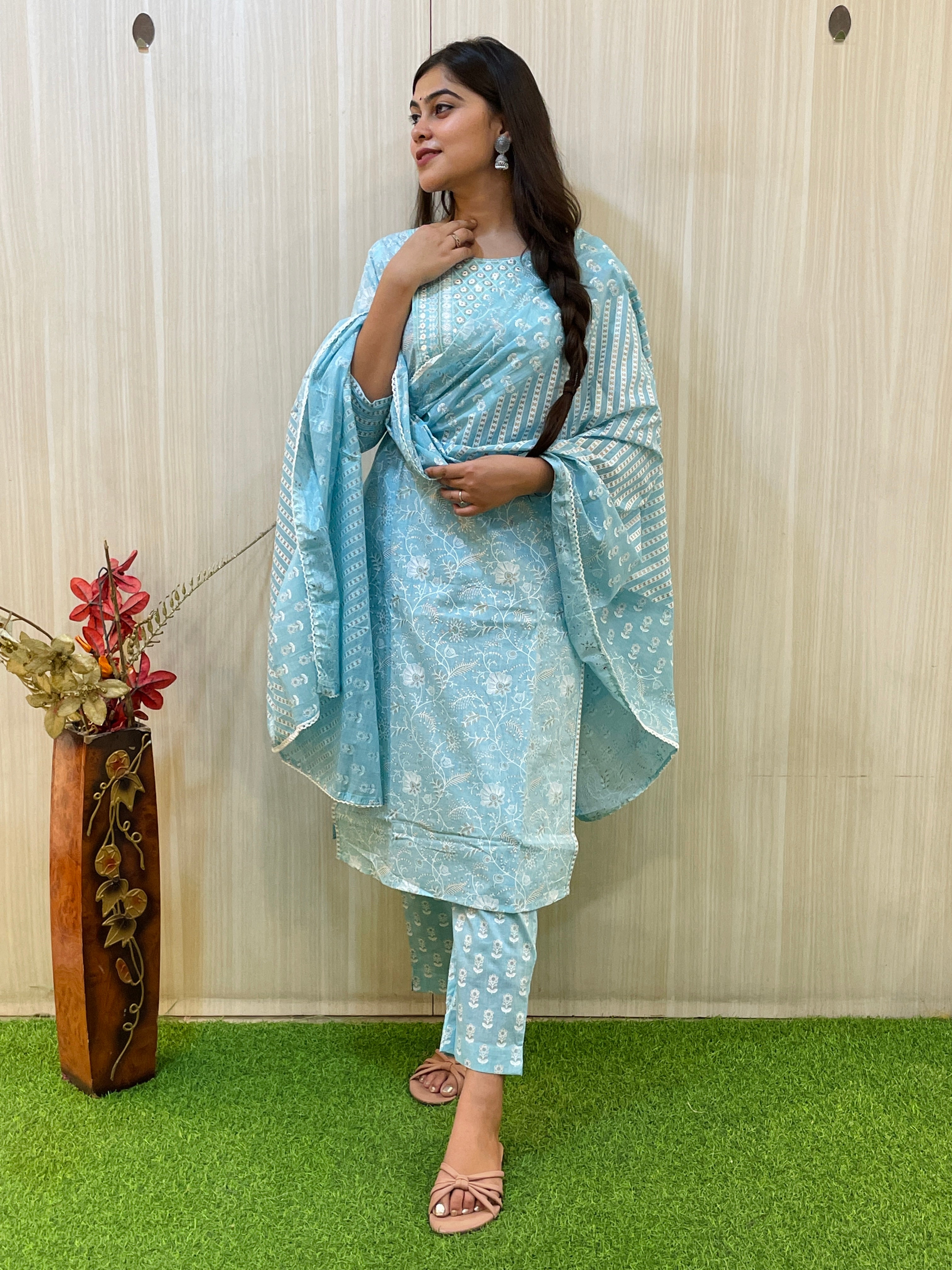 Sky Blue Color Floral Printed Kurta Set