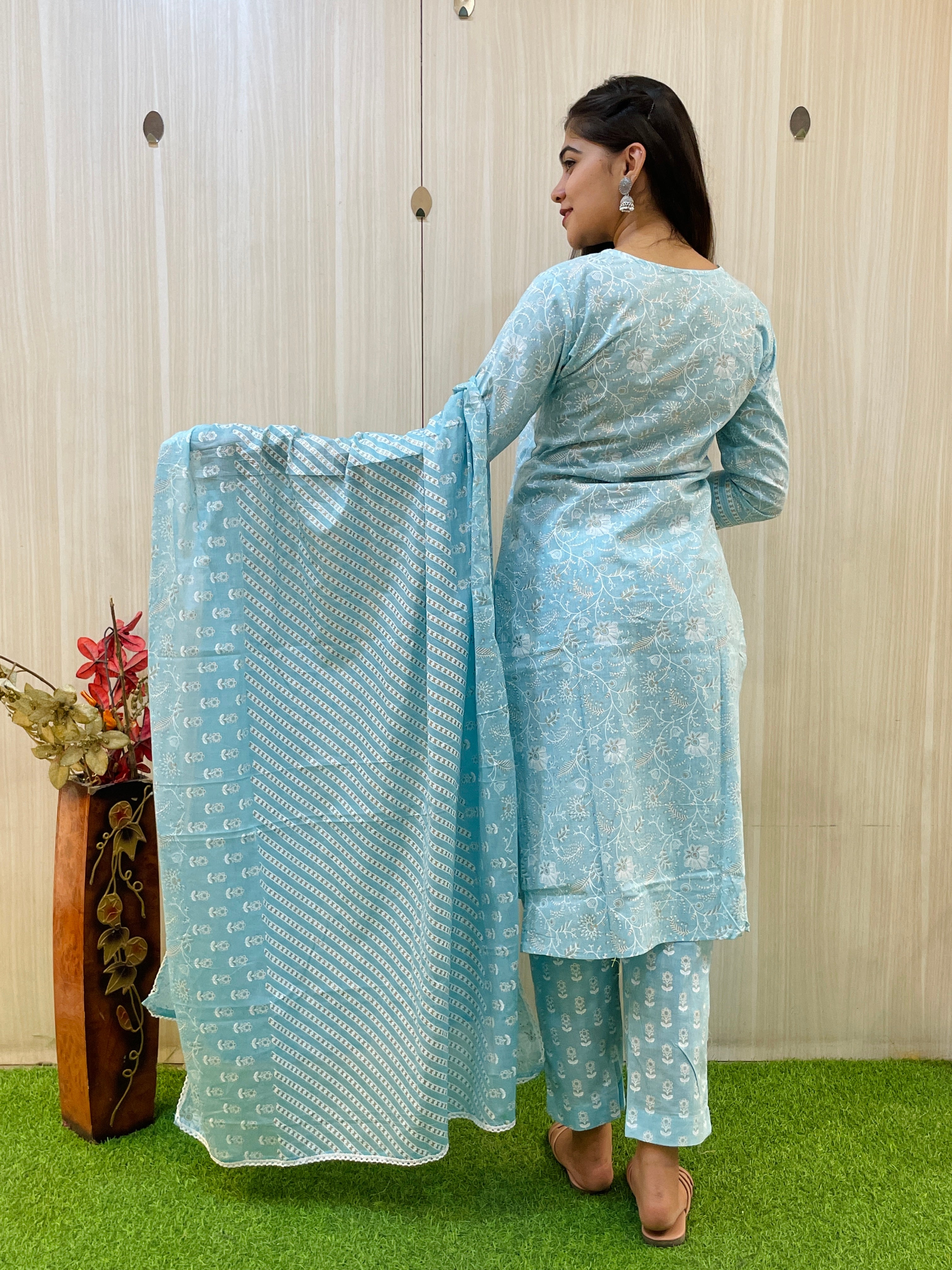 Sky Blue Color Floral Printed Kurta Set