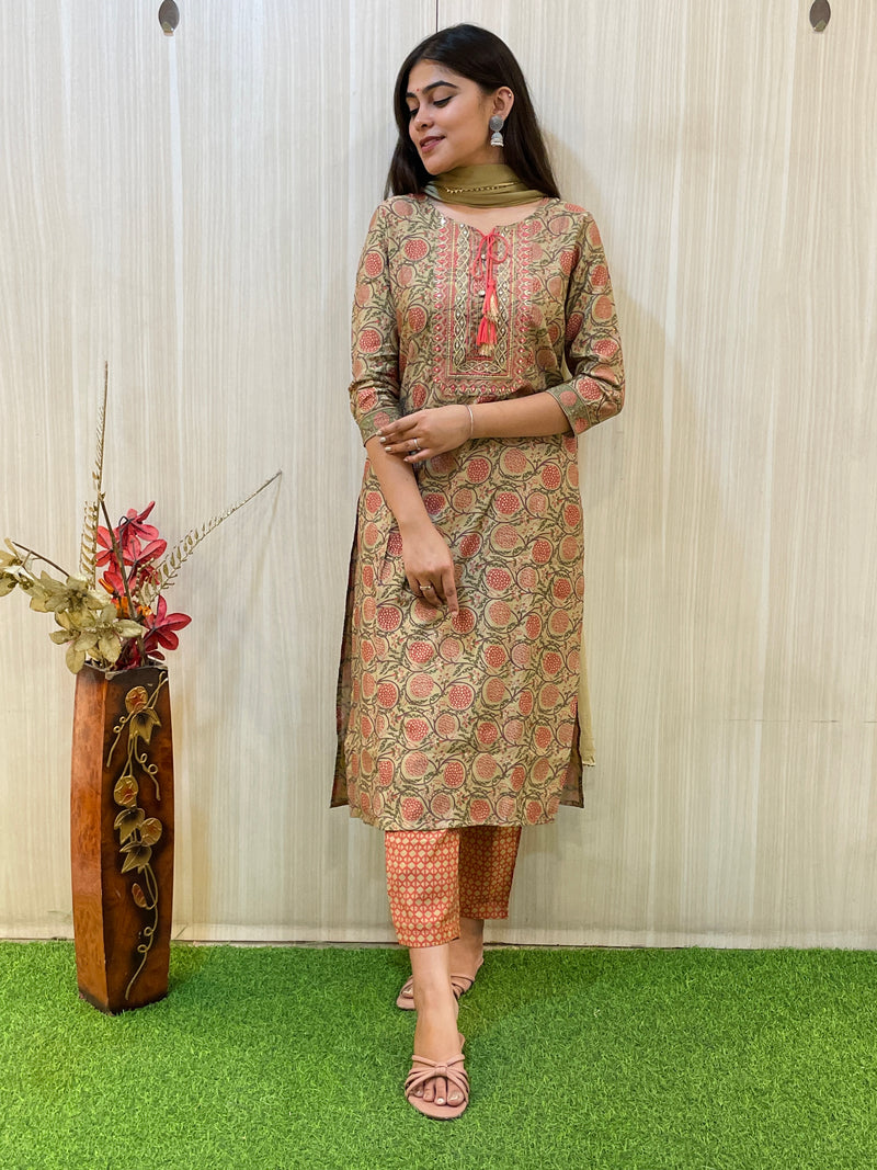 Pastel Beige Color Floral Printed Kurta Set