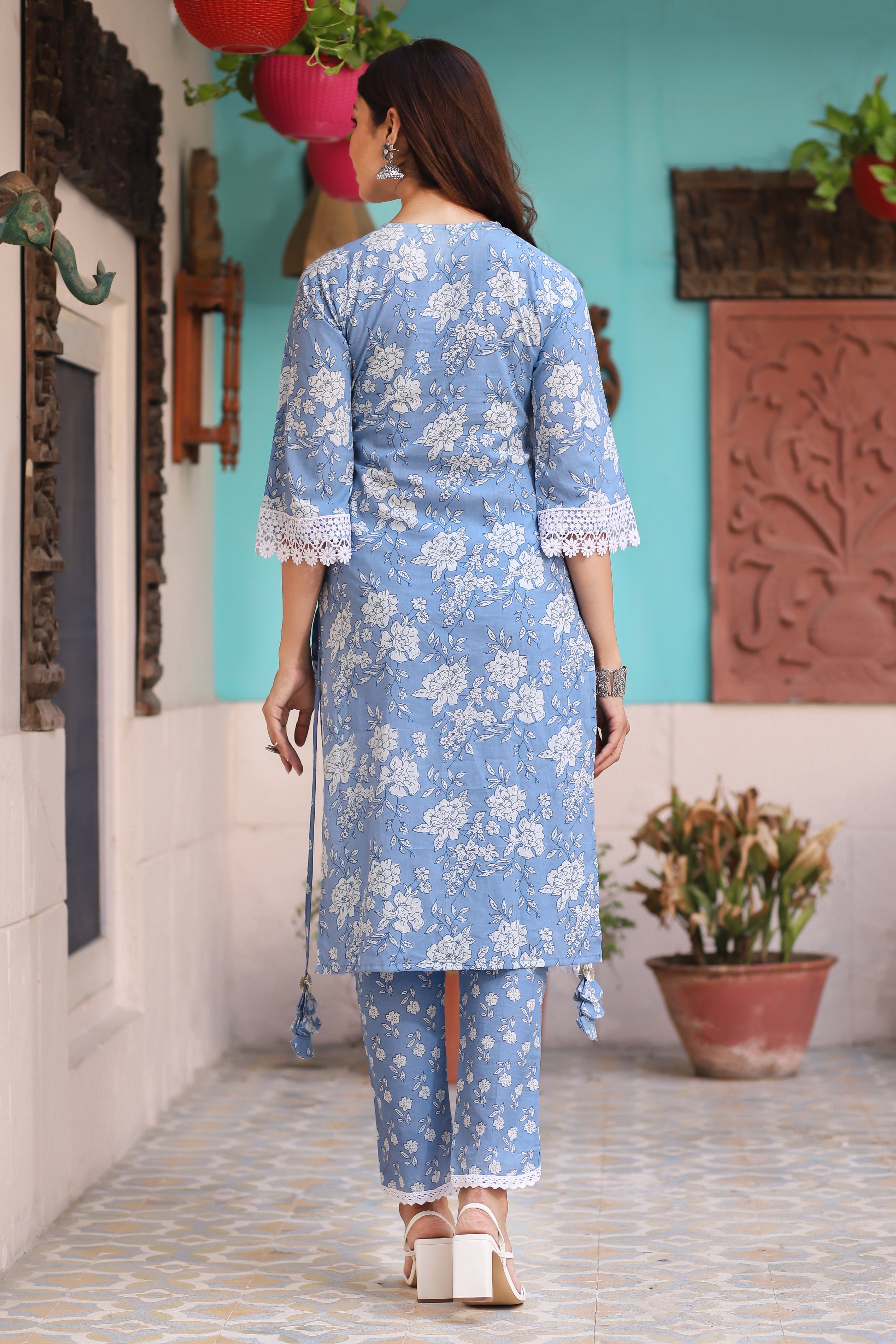 Blue Floral Cotton Kurta Set