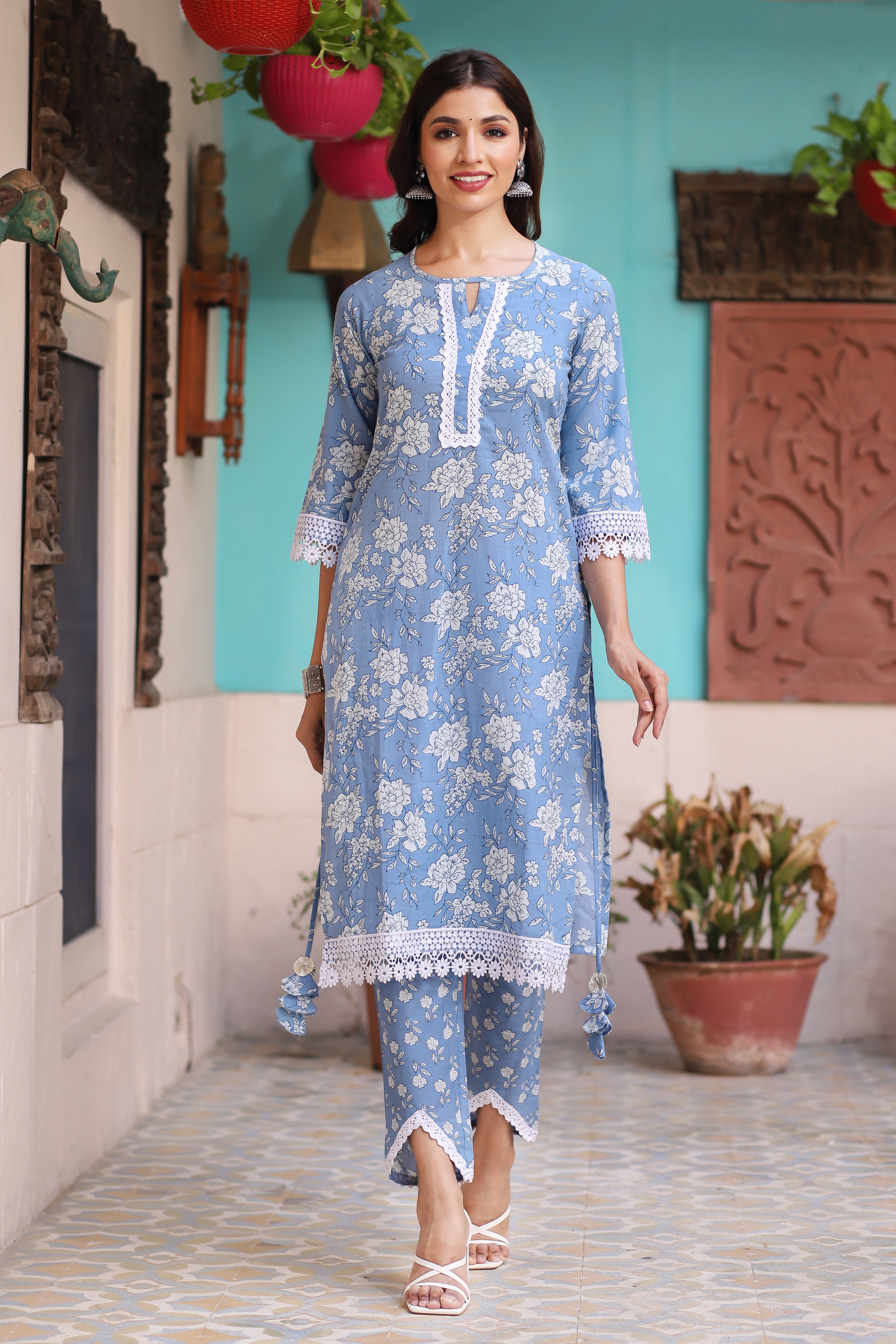 Blue Floral Cotton Kurta Set