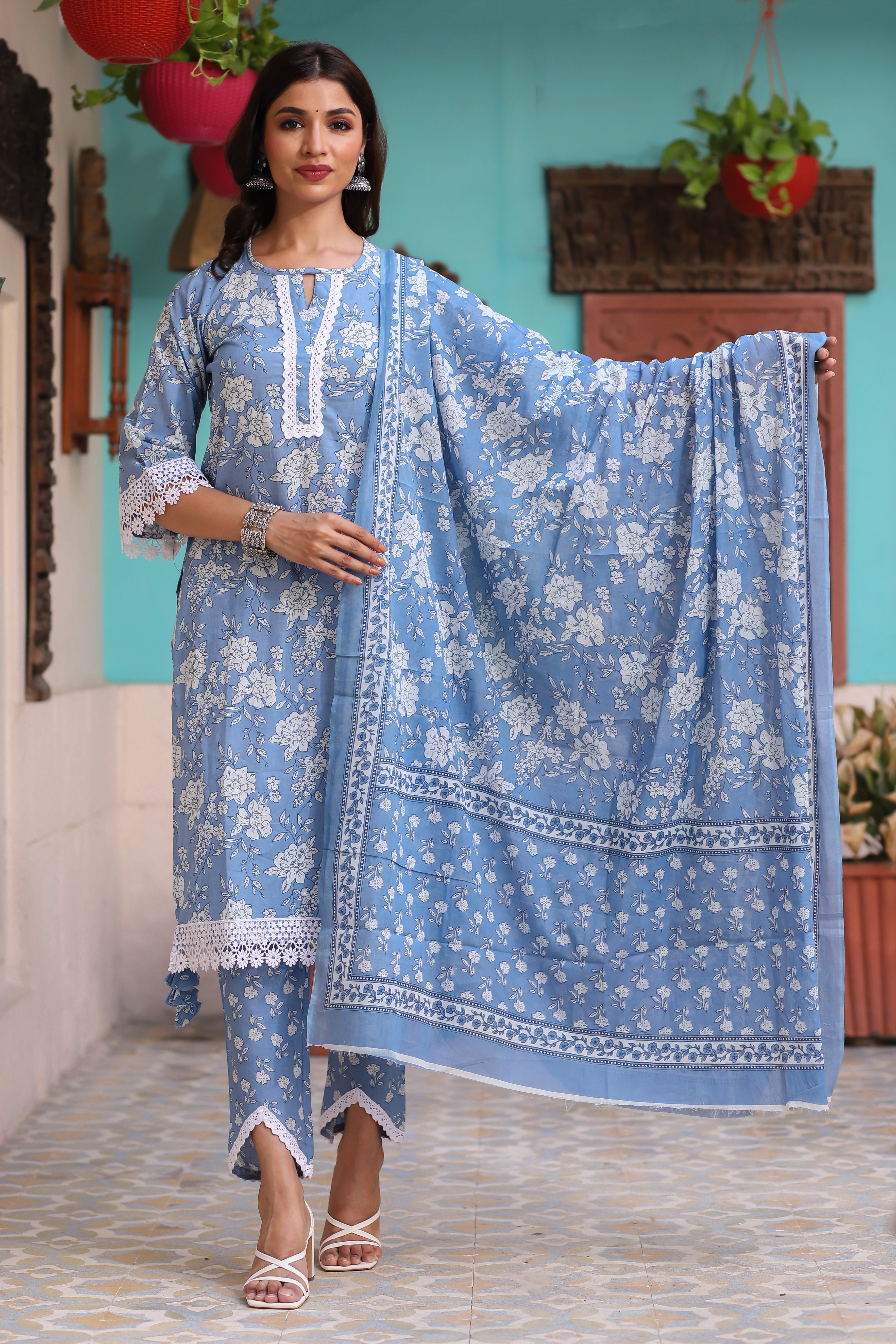 Blue Floral Cotton Kurta Set