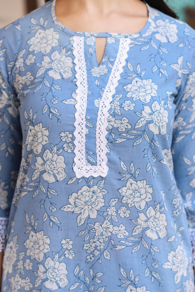 Blue Floral Cotton Kurta Set