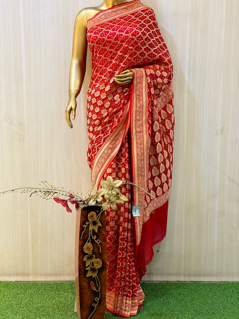 Rakshita Red Khadi Geogette Bandhani Saree