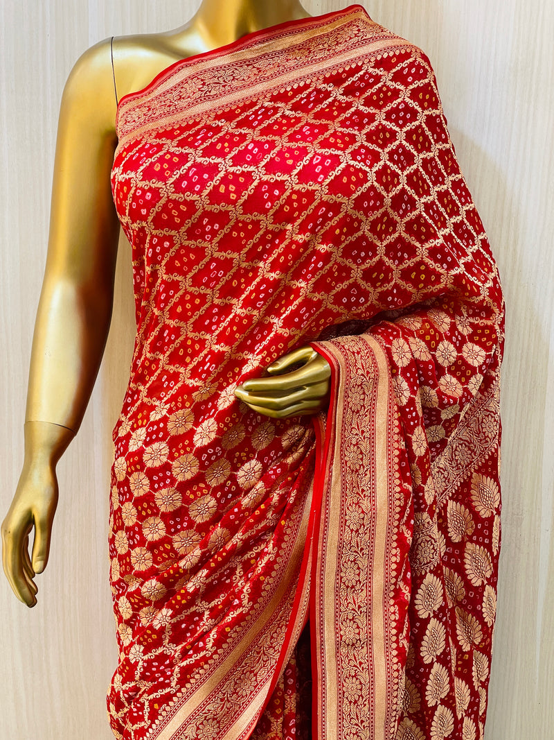 Rakshita Red Khadi Geogette Bandhani Saree