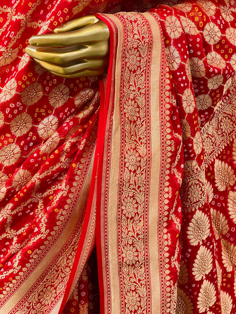 Rakshita Red Khadi Geogette Bandhani Saree