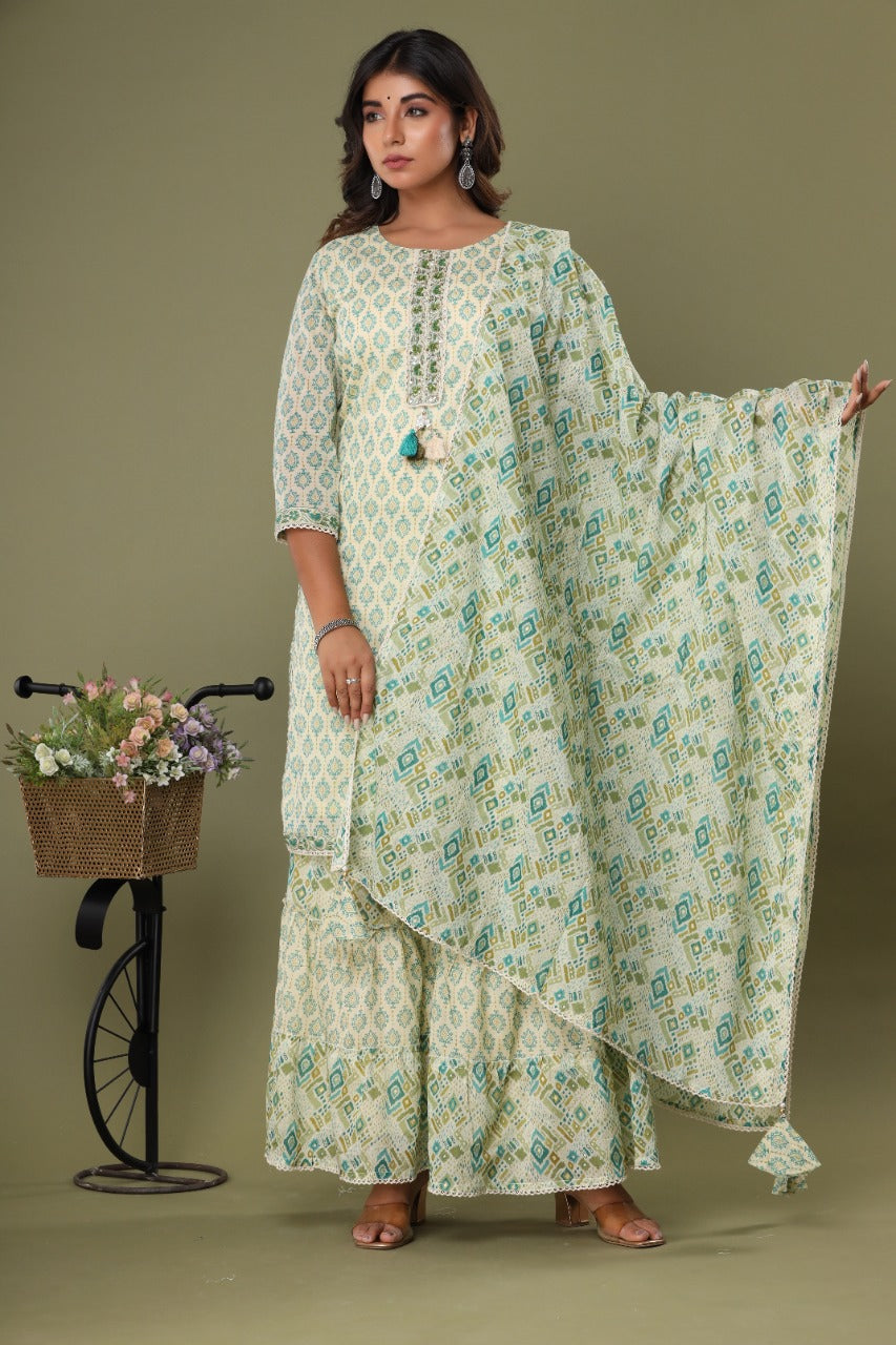 Green Muslin Silk Sharara Set