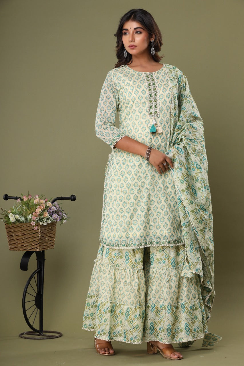 Green Muslin Silk Sharara Set