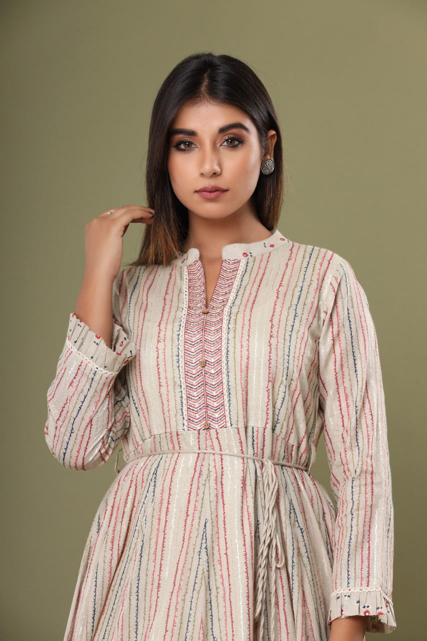 Beige Striped Kurti Dress