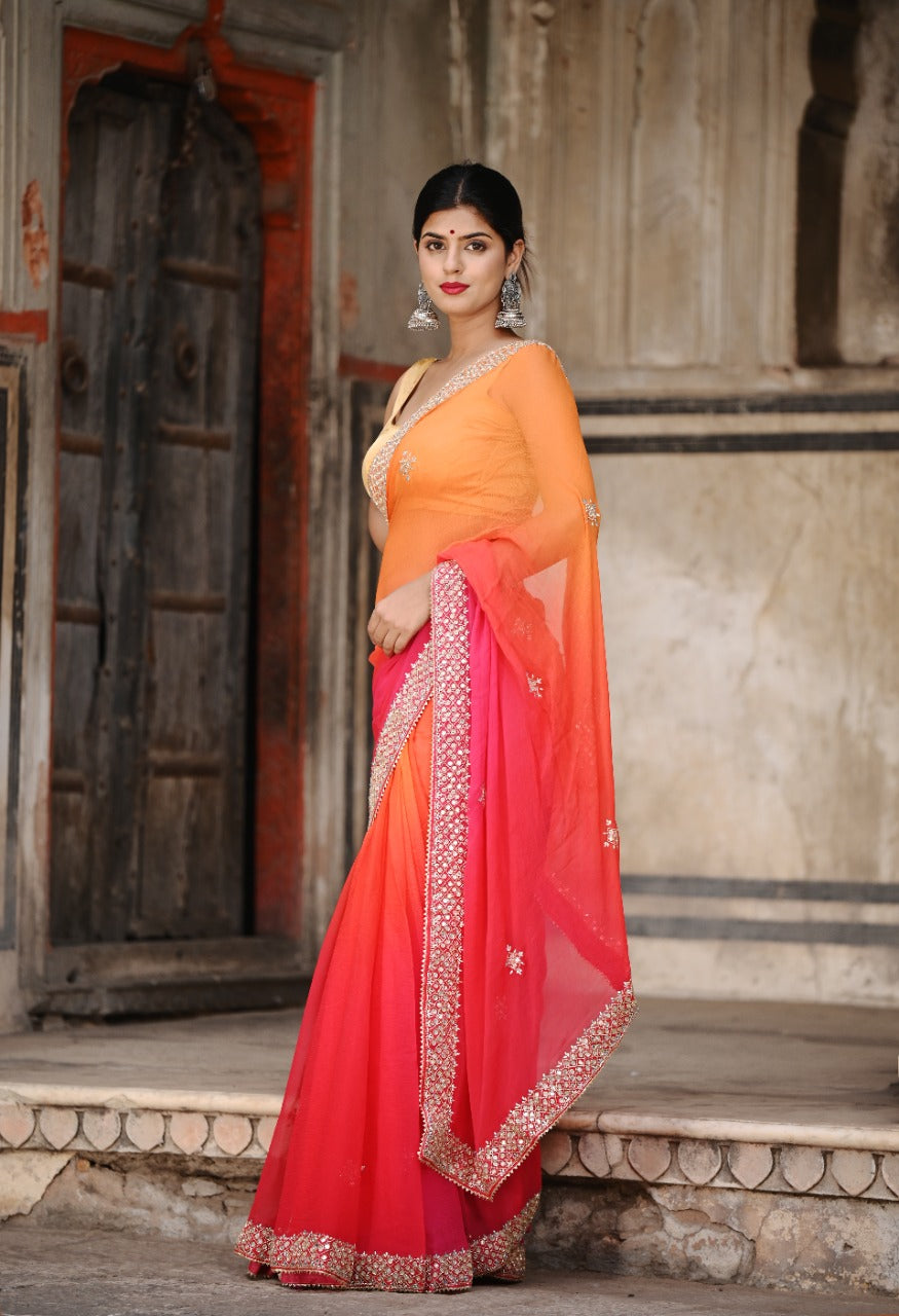 Orange Multishaded Beauty Pageant Chiffon Saree