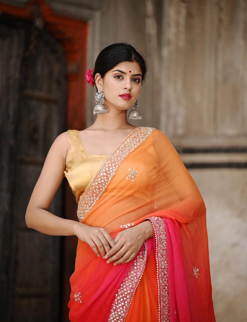 Orange Multishaded Beauty Pageant Chiffon Saree