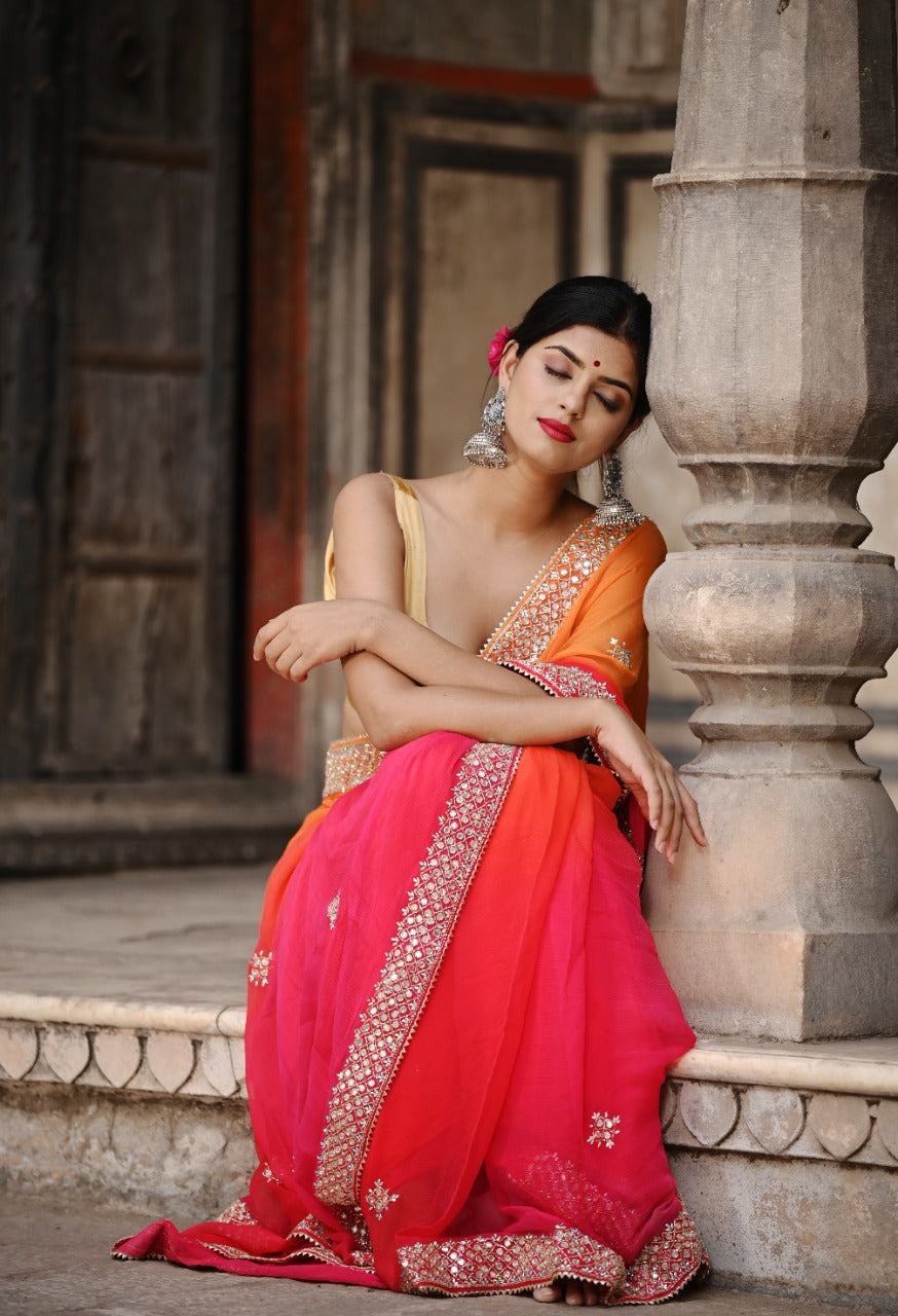 Orange Multishaded Beauty Pageant Chiffon Saree