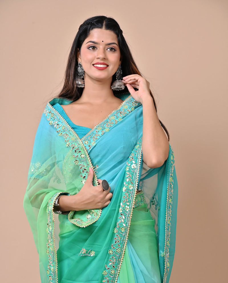 Paikar Blue & Green Chiffon Saree