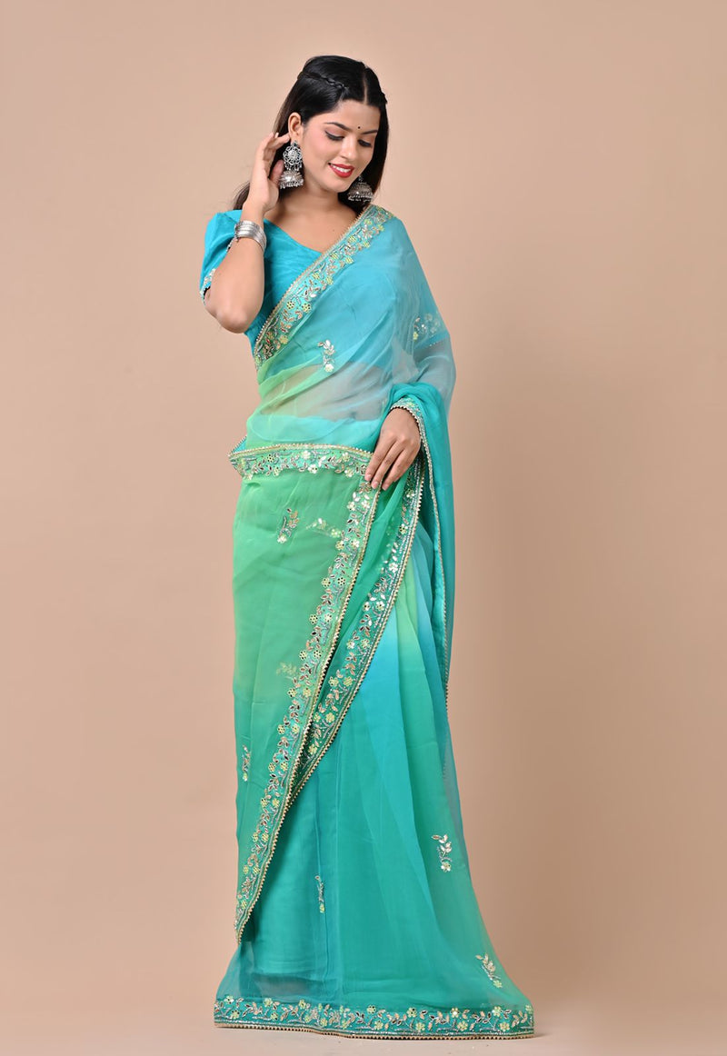 Paikar Blue & Green Chiffon Saree