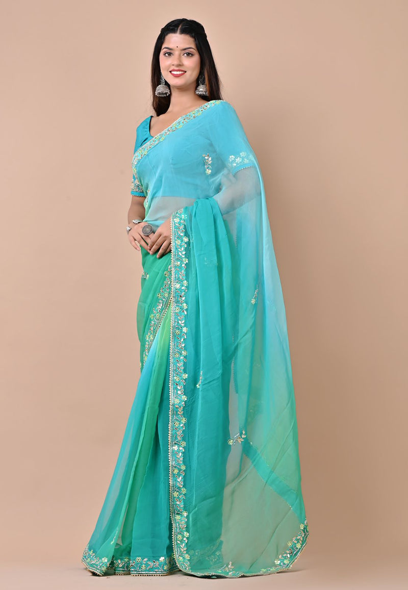 Paikar Blue & Green Chiffon Saree