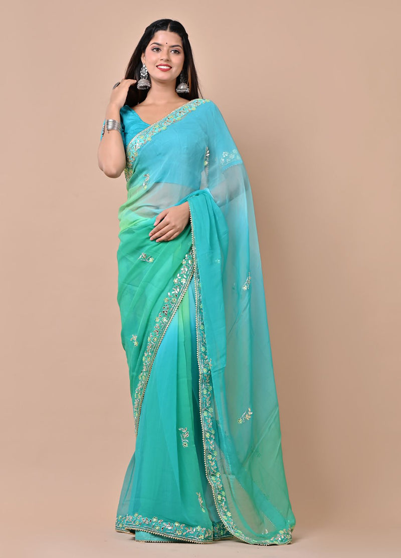 Paikar Blue & Green Chiffon Saree