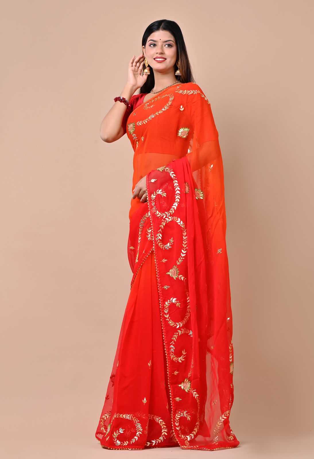 Fazluna Orange Chiffon Saree