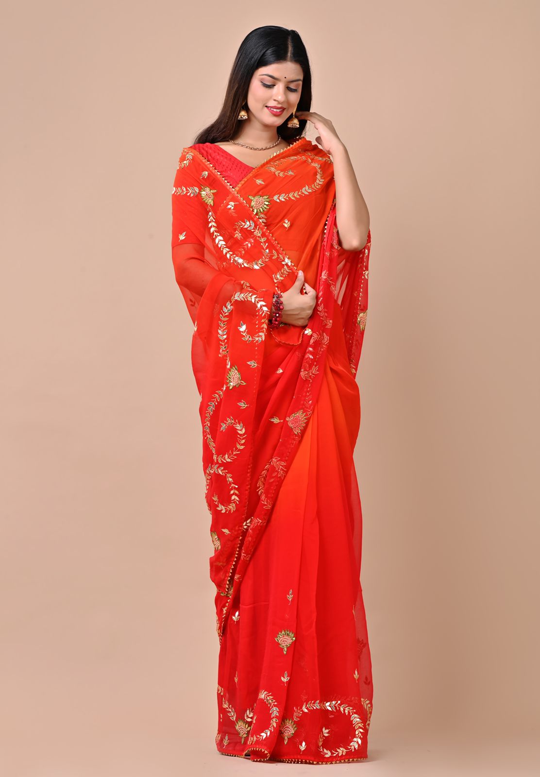 Fazluna Orange Chiffon Saree