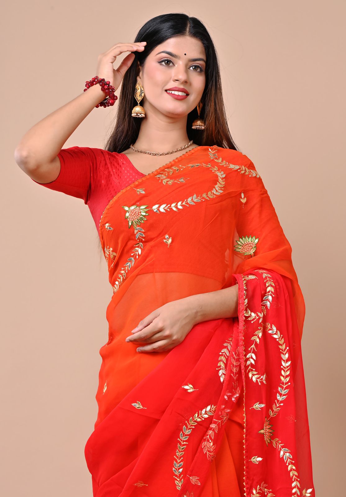 Fazluna Orange Chiffon Saree