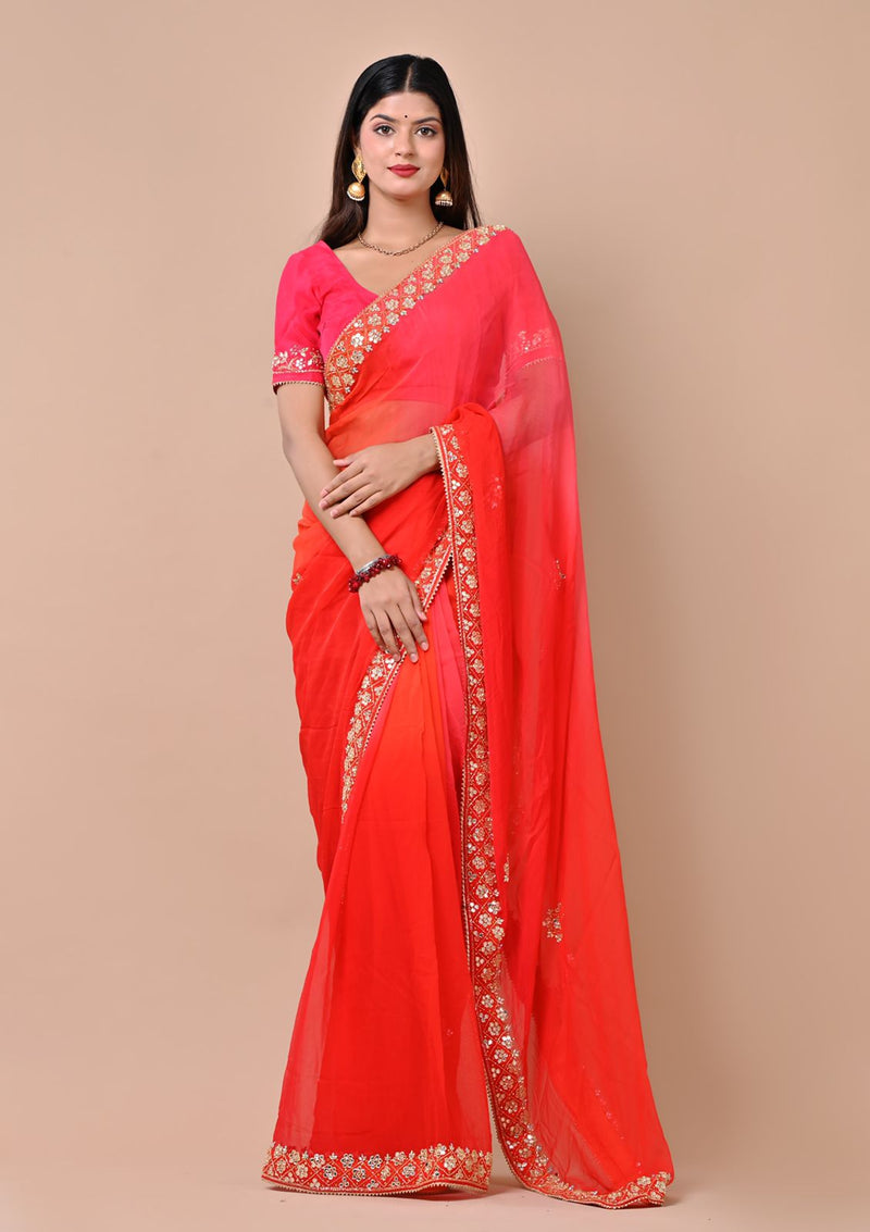 Indriya Peach & Orange Chiffon Saree