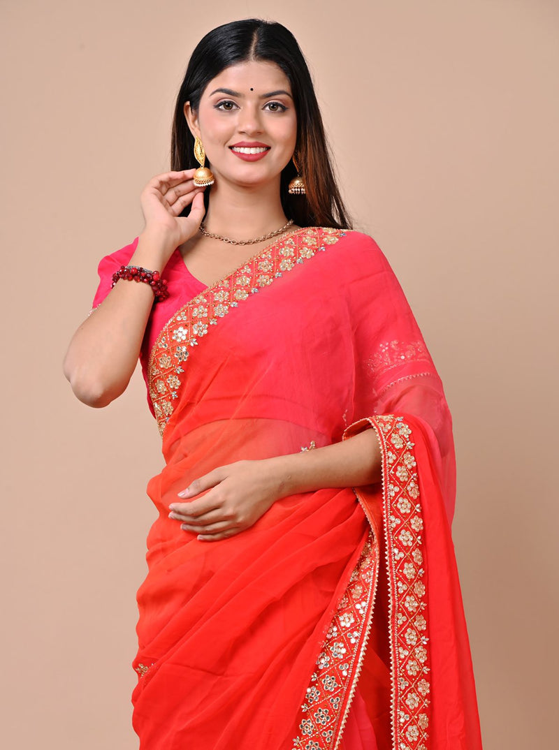 Indriya Peach & Orange Chiffon Saree