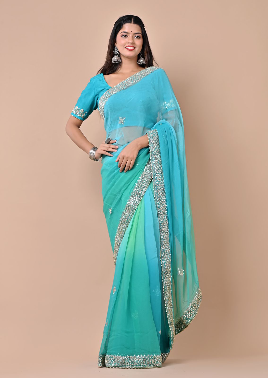 Blue Multishaded Beauty Pageant Chiffon Saree