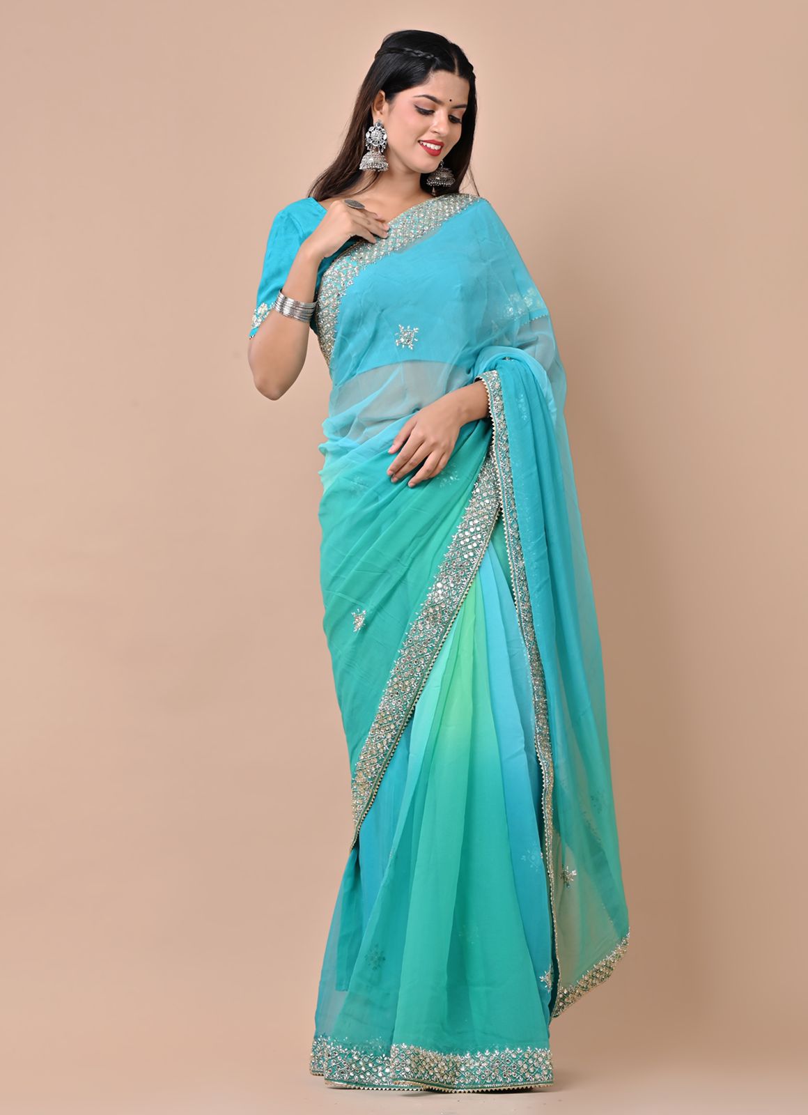 Blue Multishaded Beauty Pageant Chiffon Saree