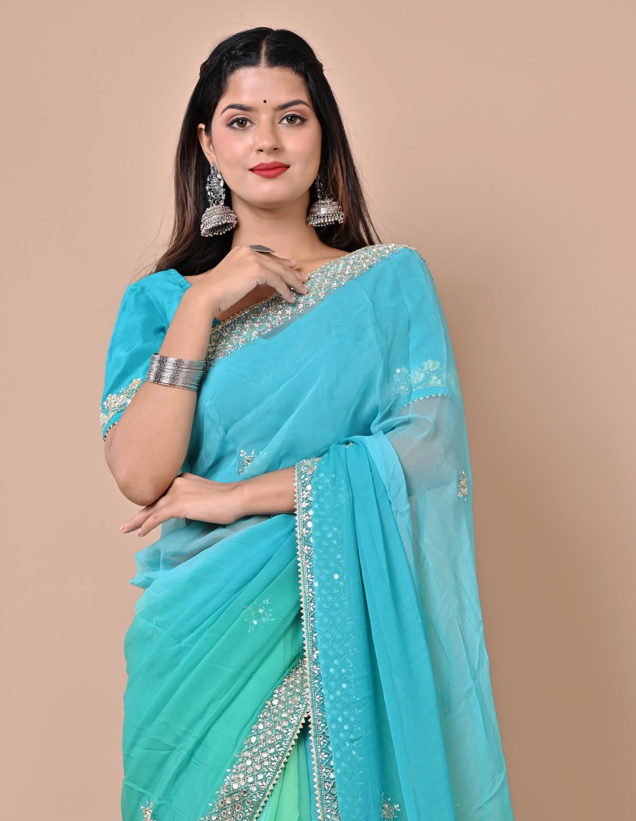 Blue Multishaded Beauty Pageant Chiffon Saree