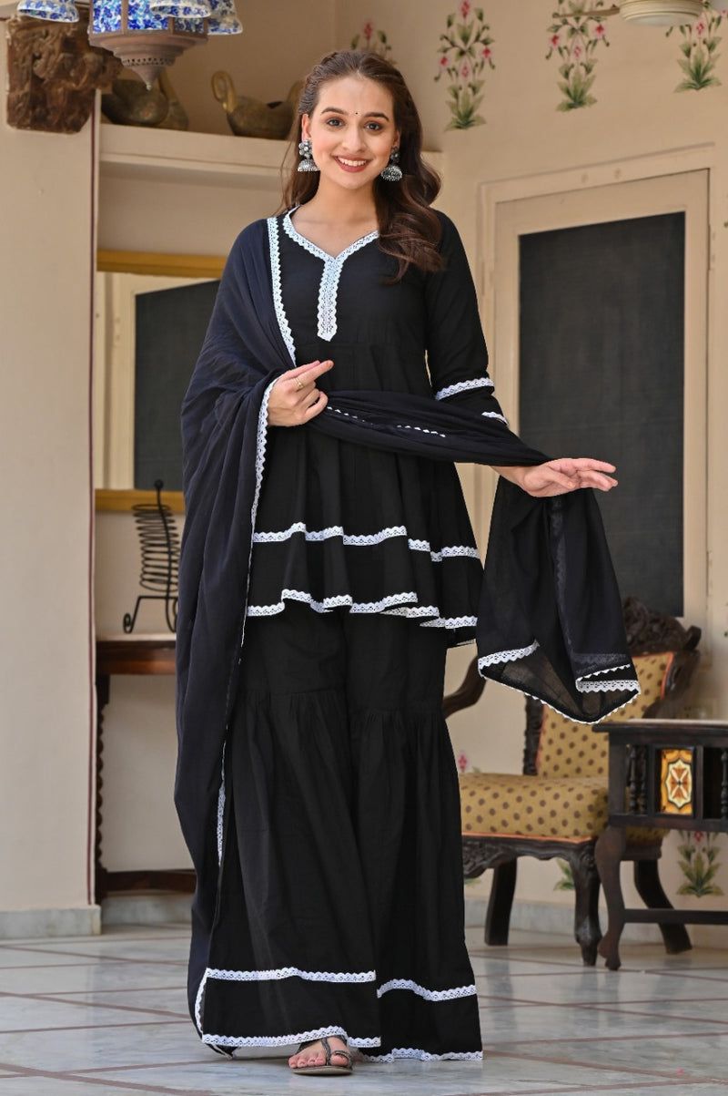 Amazing Black Georgette Thread Work Semi Stitched Sharara Plazzo Salwar Suit  For Women 141-BLACK